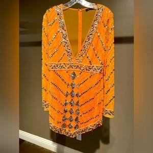 Boohoo Orange Sequin & Bead V-Neck Long Sleeve Mini Dress